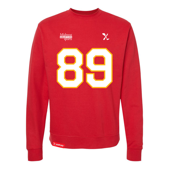 Front angle of the Josh Maier MAS Kansas City Wheelchair Football Amplife Red Crewneck Sweatshirt against a white background