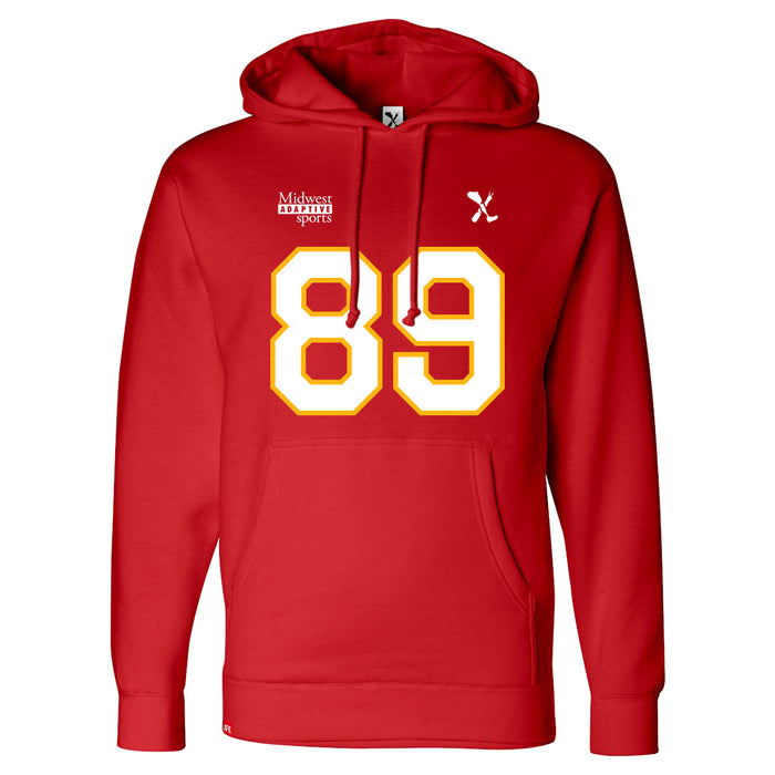 Front angle of the Josh Maier MAS Kansas City Wheelchair Football Amplife Red Hoodie against a white background