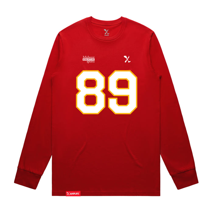 Front angle of the Josh Maier MAS Kansas City Wheelchair Football Amplife Red Long Sleeve T-Shirt against a white background