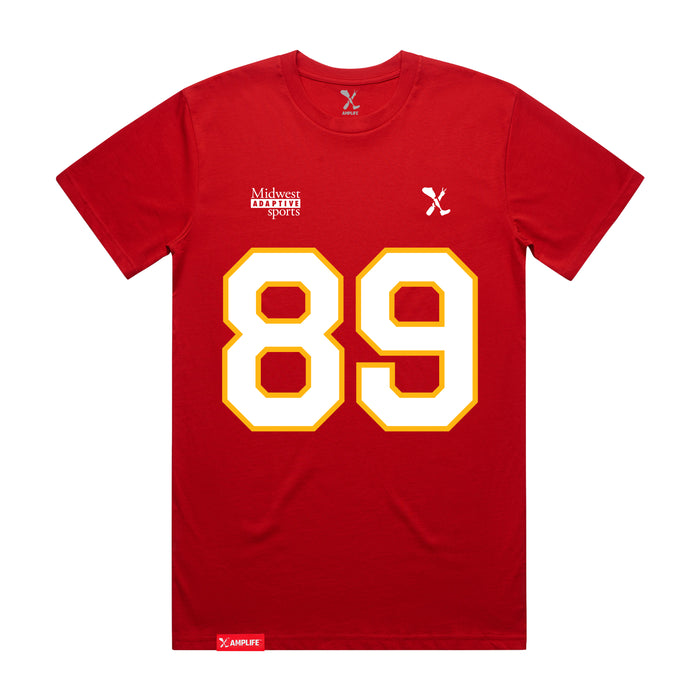 Front angle of the Josh Maier MAS Kansas City Wheelchair Football Amplife Red T-Shirt against a white background