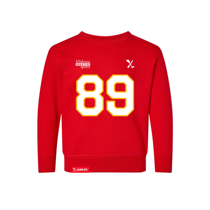 Front angle of the Josh Maier MAS Kansas City Wheelchair Football Amplife Toddler Red Crewneck Sweatshirt against a white background