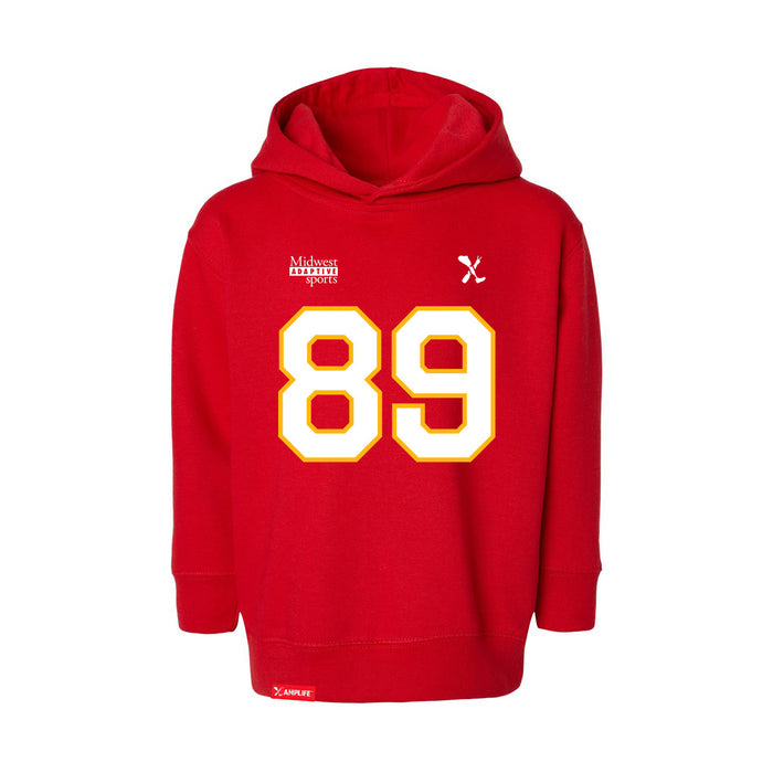 Front angle of the Josh Maier MAS Kansas City Wheelchair Football Amplife Toddler Red Hoodie against a white background