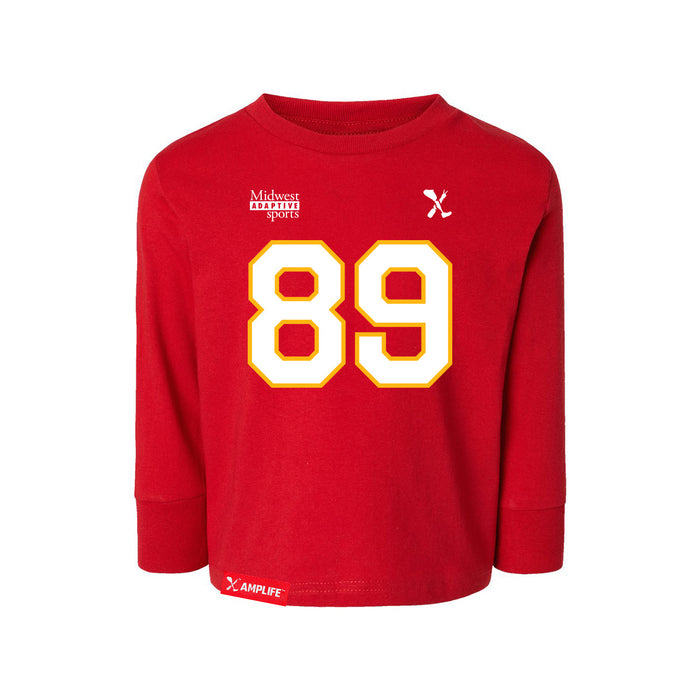 Front angle of the Josh Maier MAS Kansas City Wheelchair Football Amplife Toddler Red Long Sleeve T-Shirt against a white background