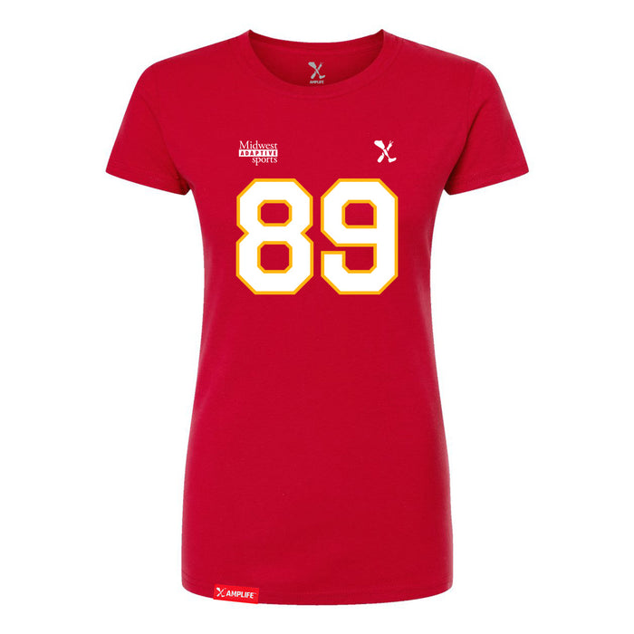 Front angle of the Josh Maier MAS Kansas City Wheelchair Football Amplife Women's Red Slim T-Shirt against a white background