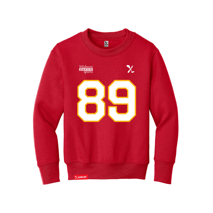 Front angle of the Josh Maier MAS Kansas City Wheelchair Football Amplife Youth Red Crewneck Sweatshirt against a white background
