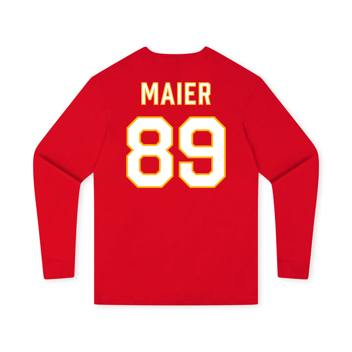 Back angle of the Josh Maier MAS Kansas City Wheelchair Football Amplife Youth Red Long Sleeve T-Shirt against a white background