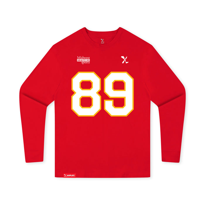 Front angle of the Josh Maier MAS Kansas City Wheelchair Football Amplife Youth Red Long Sleeve T-Shirt against a white background