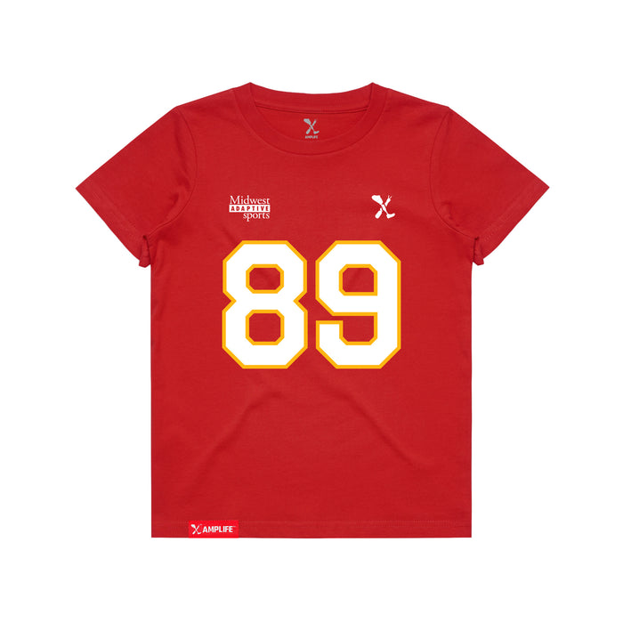 Front angle of the Josh Maier MAS Kansas City Wheelchair Football Amplife Youth Red T-Shirt against a white background