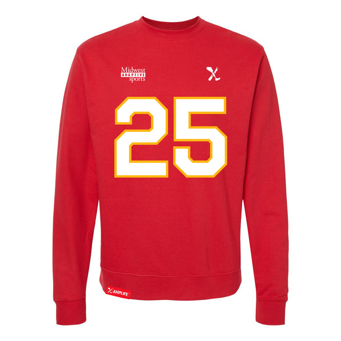 Front angle of the KC Ruback MAS Kansas City Wheelchair Football Amplife Red Crewneck Sweatshirt against a white background