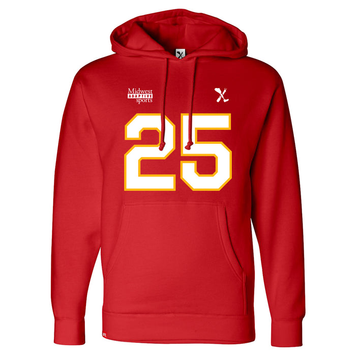 Front angle of the KC Ruback MAS Kansas City Wheelchair Football Amplife Red Hoodie against a white background