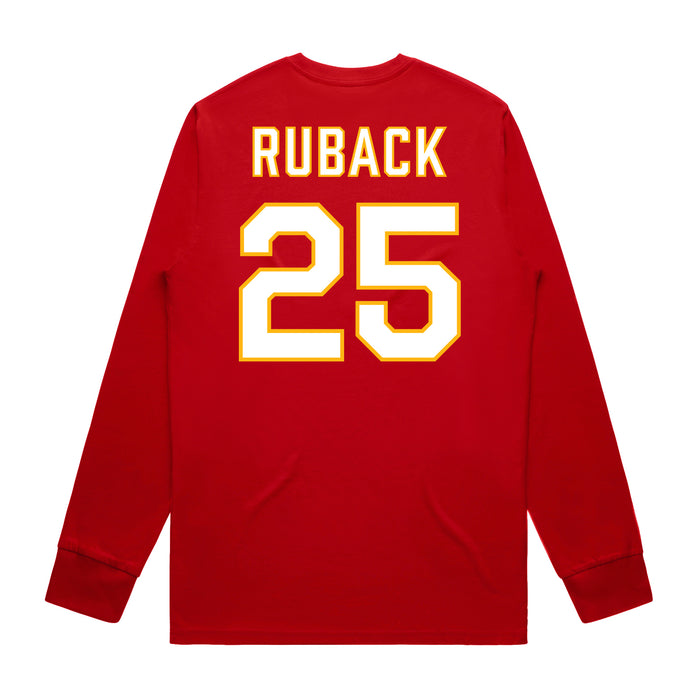 Back angle of the KC Ruback MAS Kansas City Wheelchair Football Amplife Red Long Sleeve T-Shirt against a white background