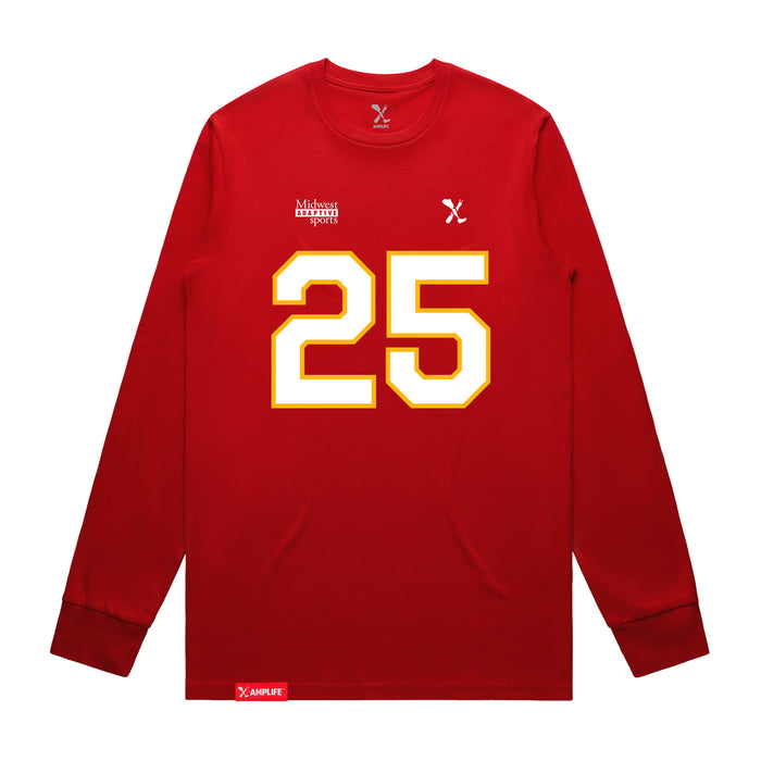 Front angle of the KC Ruback MAS Kansas City Wheelchair Football Amplife Red Long Sleeve T-Shirt against a white background