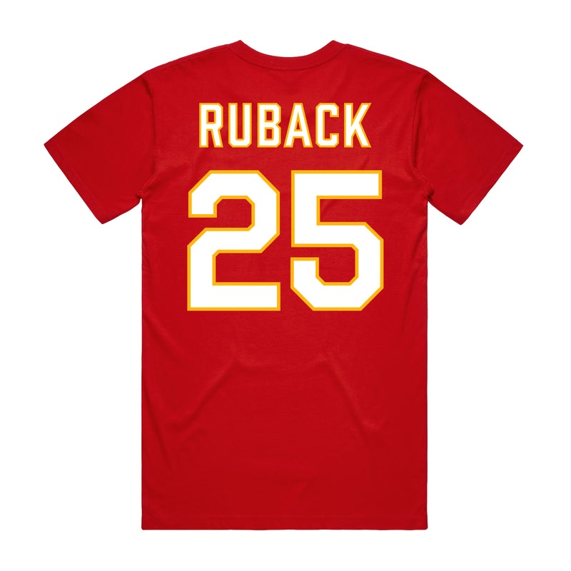 Back angle of the KC Ruback MAS Kansas City Wheelchair Football Amplife Red T-Shirt against a white background