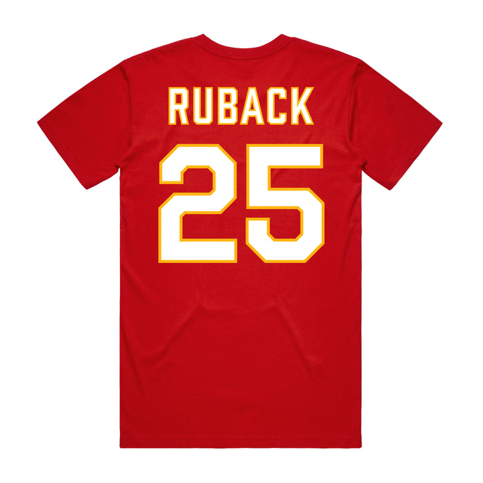 Back angle of the KC Ruback MAS Kansas City Wheelchair Football Amplife Red T-Shirt against a white background