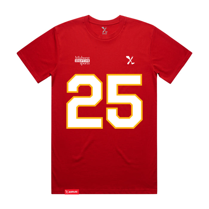 Front angle of the KC Ruback MAS Kansas City Wheelchair Football Amplife Red T-Shirt against a white background