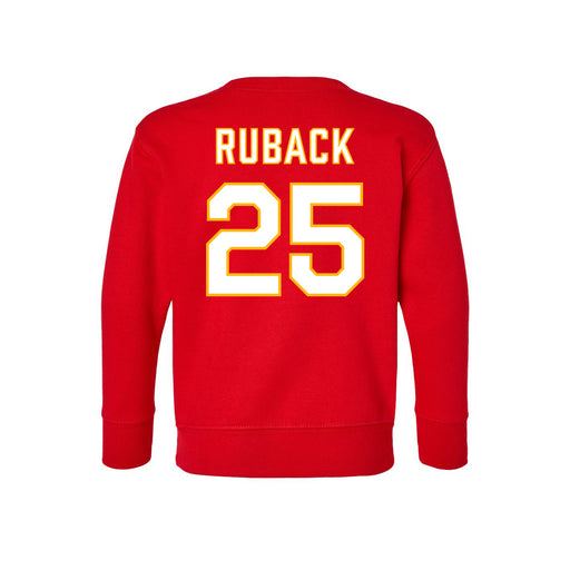 Back angle of the KC Ruback MAS Kansas City Wheelchair Football Amplife Toddler Red Crewneck Sweatshirt against a white background