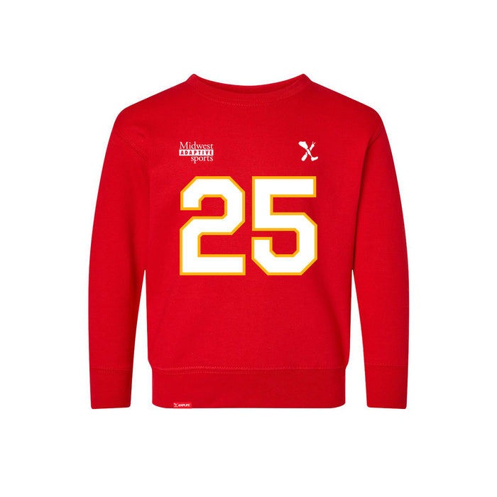 Front angle of the KC Ruback MAS Kansas City Wheelchair Football Amplife Toddler Red Crewneck Sweatshirt against a white background