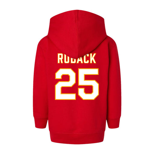 Back angle of the KC Ruback MAS Kansas City Wheelchair Football Amplife Toddler Red Hoodie against a white background