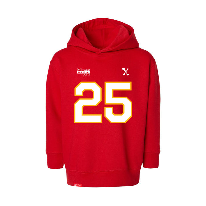 Front angle of the KC Ruback MAS Kansas City Wheelchair Football Amplife Toddler Red Hoodie against a white background