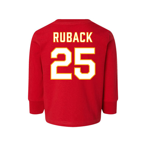 Back angle of the KC Ruback MAS Kansas City Wheelchair Football Amplife Toddler Red Long Sleeve T-Shirt against a white background