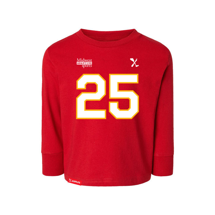 Front angle of the KC Ruback MAS Kansas City Wheelchair Football Amplife Toddler Red Long Sleeve T-Shirt against a white background