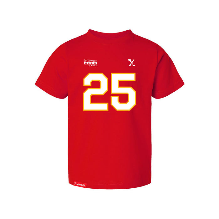 Front angle of the KC Ruback MAS Kansas City Wheelchair Football Amplife Toddler Red T-Shirt against a white background