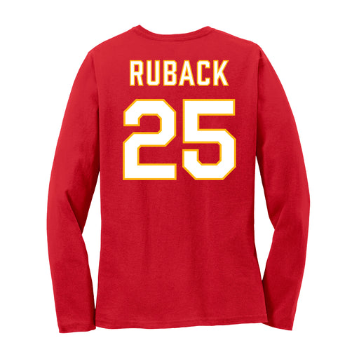 Back angle of the KC Ruback MAS Kansas City Wheelchair Football Amplife Women's Red Long Sleeve T-Shirt against a white background