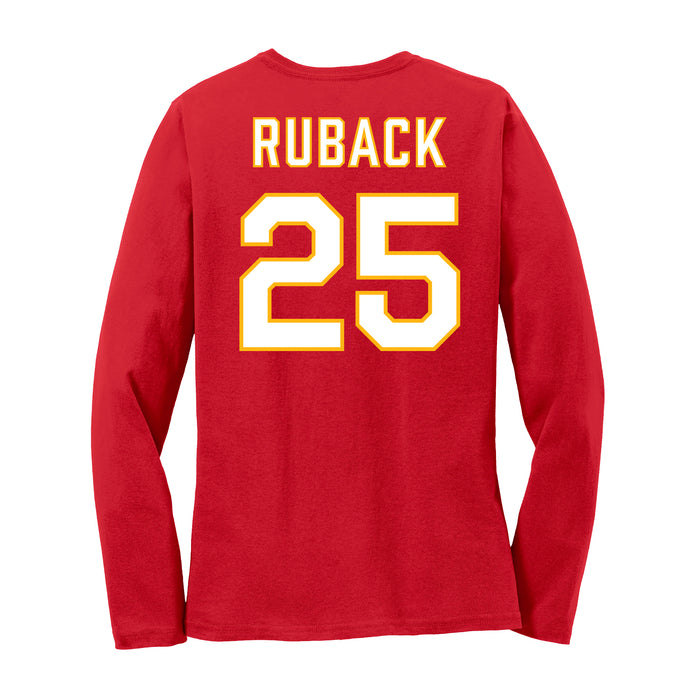 Back angle of the KC Ruback MAS Kansas City Wheelchair Football Amplife Women's Red Long Sleeve T-Shirt against a white background