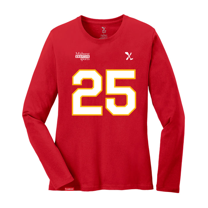 Front angle of the KC Ruback MAS Kansas City Wheelchair Football Amplife Women's Red Long Sleeve T-Shirt against a white background