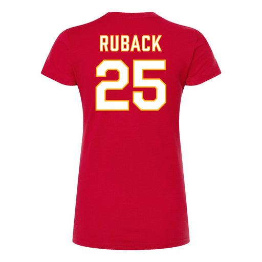 Back angle of the KC Ruback MAS Kansas City Wheelchair Football Amplife Women's Red Slim T-Shirt against a white background