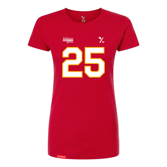 Front angle of the KC Ruback MAS Kansas City Wheelchair Football Amplife Women's Red Slim T-Shirt against a white background