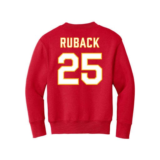 Back angle of the KC Ruback MAS Kansas City Wheelchair Football Amplife Youth Red Crewneck Sweatshirt against a white background