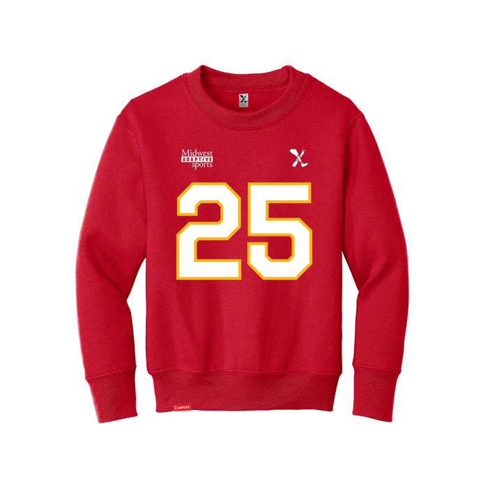 Front angle of the KC Ruback MAS Kansas City Wheelchair Football Amplife Youth Red Crewneck Sweatshirt against a white background