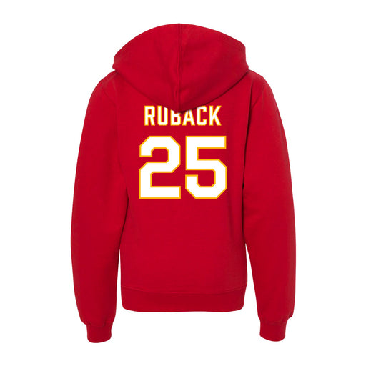 Back angle of the KC Ruback MAS Kansas City Wheelchair Football Amplife Youth Red Hoodie against a white background