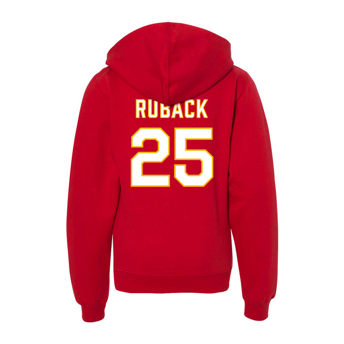 Back angle of the KC Ruback MAS Kansas City Wheelchair Football Amplife Youth Red Hoodie against a white background