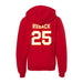 Back angle of the KC Ruback MAS Kansas City Wheelchair Football Amplife Youth Red Hoodie against a white background