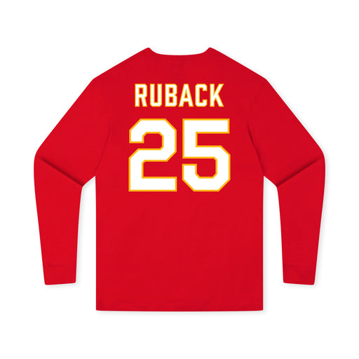 Back angle of the KC Ruback MAS Kansas City Wheelchair Football Amplife Youth Red Long Sleeve T-Shirt against a white background
