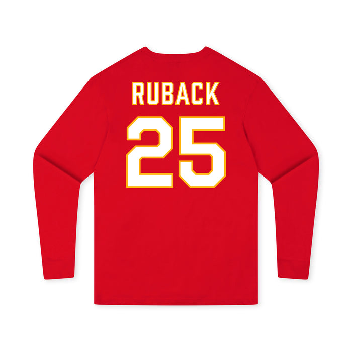 Back angle of the KC Ruback MAS Kansas City Wheelchair Football Amplife Youth Red Long Sleeve T-Shirt against a white background