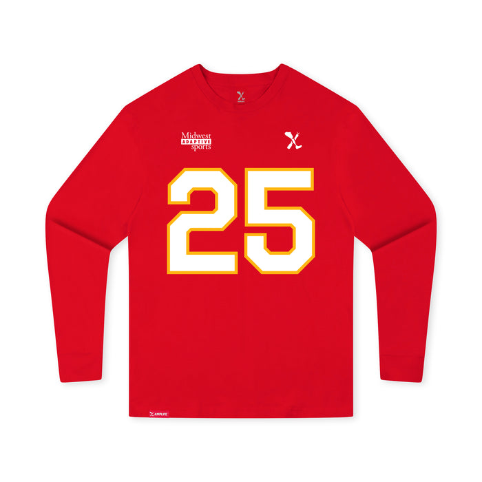 Front angle of the KC Ruback MAS Kansas City Wheelchair Football Amplife Youth Red Long Sleeve T-Shirt against a white background