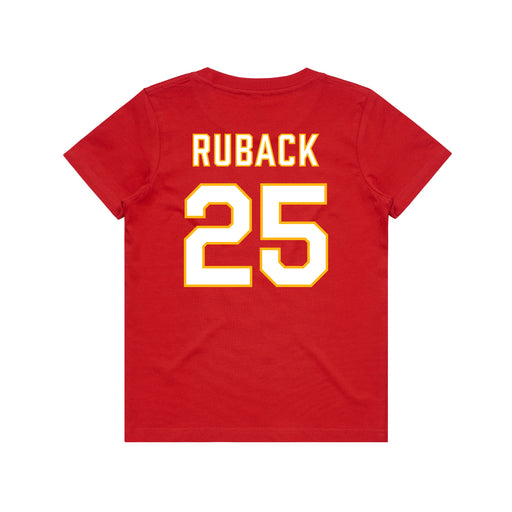 Back angle of the KC Ruback MAS Kansas City Wheelchair Football Amplife Youth Red T-Shirt against a white background