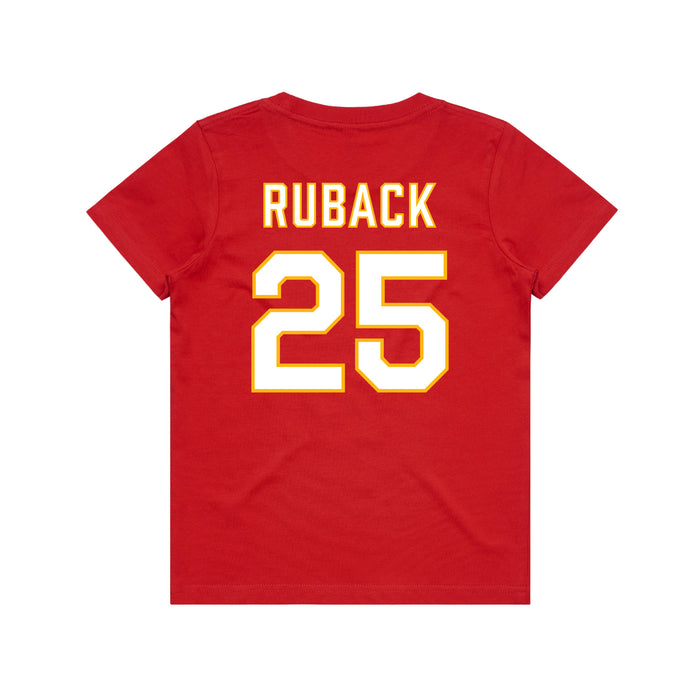 Back angle of the KC Ruback MAS Kansas City Wheelchair Football Amplife Youth Red T-Shirt against a white background