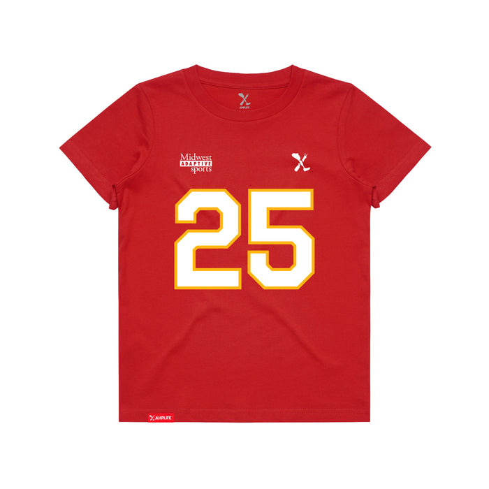 Front angle of the KC Ruback MAS Kansas City Wheelchair Football Amplife Youth Red T-Shirt against a white background
