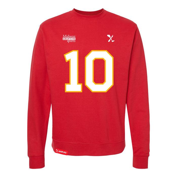 Front angle of the Kolton Kincaid MAS Kansas City Wheelchair Football Amplife Red Crewneck Sweatshirt against a white background