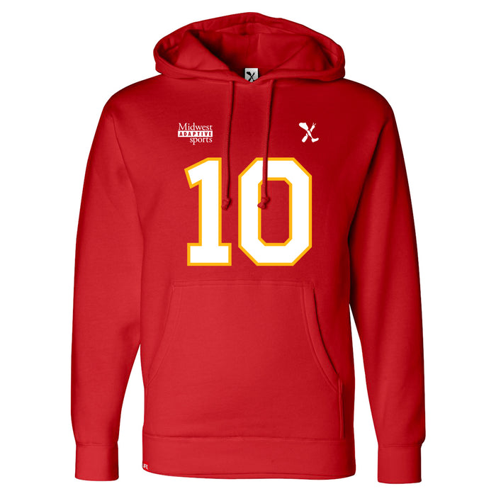 Front angle of the Kolton Kincaid MAS Kansas City Wheelchair Football Amplife Red Hoodie against a white background