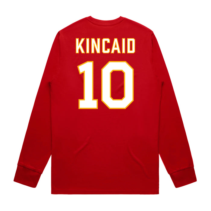 Back angle of the Kolton Kincaid MAS Kansas City Wheelchair Football Amplife Red Long Sleeve T-Shirt against a white background