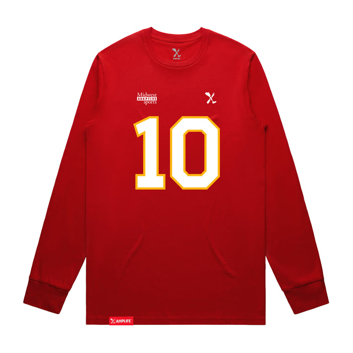Front angle of the Kolton Kincaid MAS Kansas City Wheelchair Football Amplife Red Long Sleeve T-Shirt against a white background