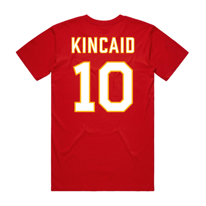 Back angle of the Kolton Kincaid MAS Kansas City Wheelchair Football Amplife Red T-Shirt against a white background