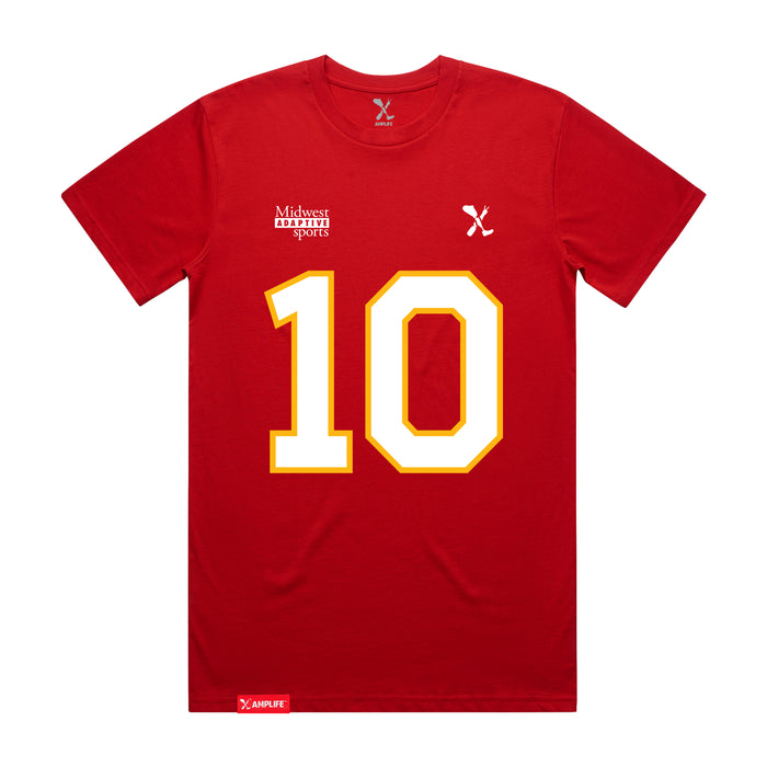 Front angle of the Kolton Kincaid MAS Kansas City Wheelchair Football Amplife Red T-Shirt against a white background
