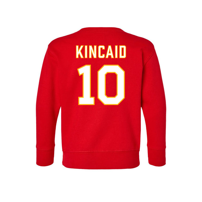 Back angle of the Kolton Kincaid MAS Kansas City Wheelchair Football Amplife Toddler Red Crewneck Sweatshirt against a white background