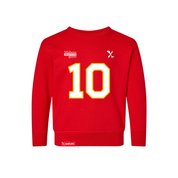 Front angle of the Kolton Kincaid MAS Kansas City Wheelchair Football Amplife Toddler Red Crewneck Sweatshirt against a white background